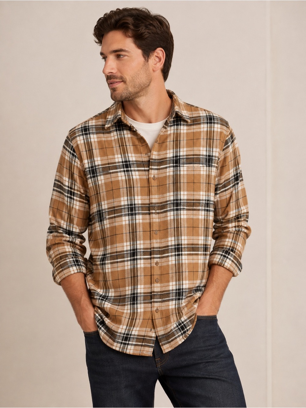 GAP Camel Plaid Oversized Flannel Button-Down Shirt OS XS Brown White